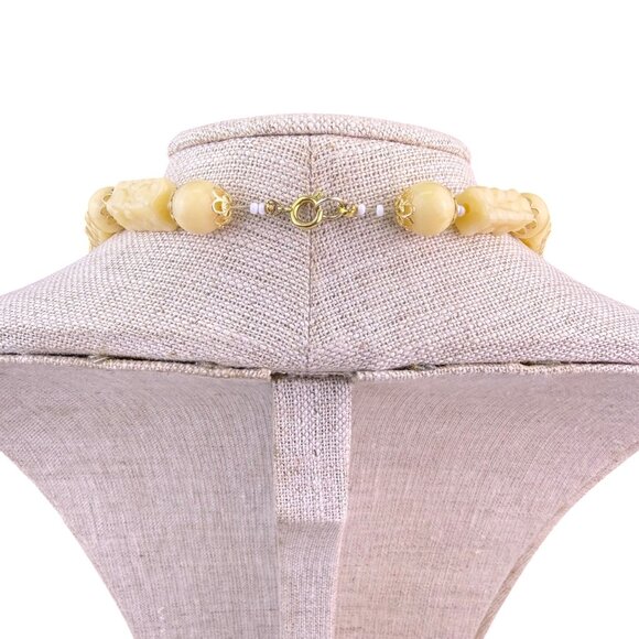 Hand Carved Bone Bead Necklace Womens Cream Carved Artisan Statement Jewelry - Picture 2 of 3